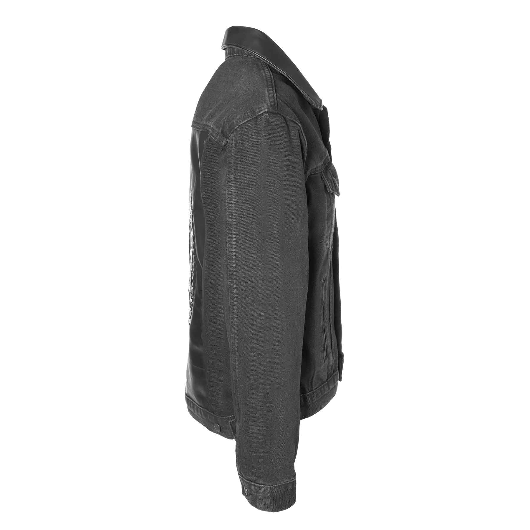 Embossed Black Denim Leather Jacket - Image 8