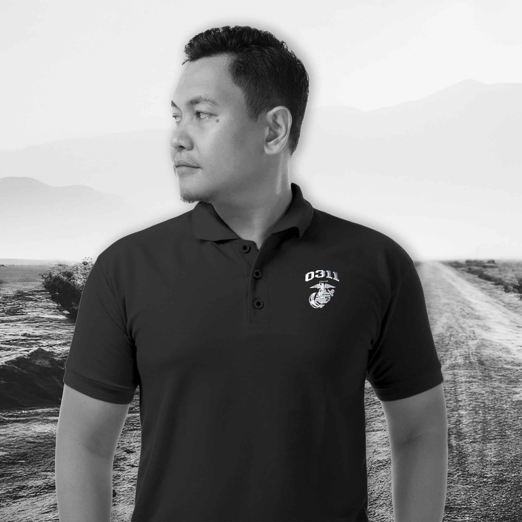 Marine Corps MOS Embroidered Golf Shirt - Black with Gray - Image 2