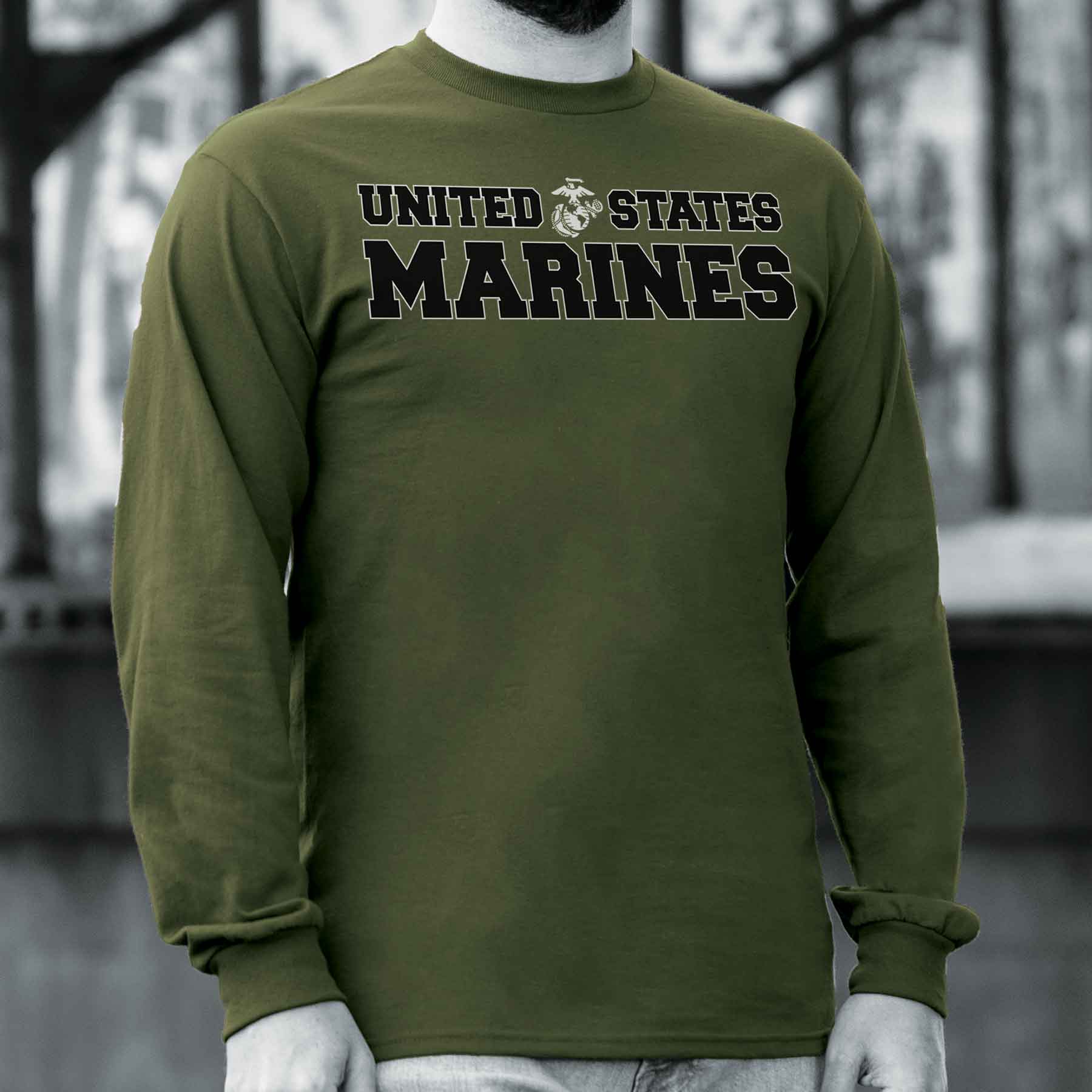 United States Marines Long Sleeve T-Shirt- OD Green - Image 2
