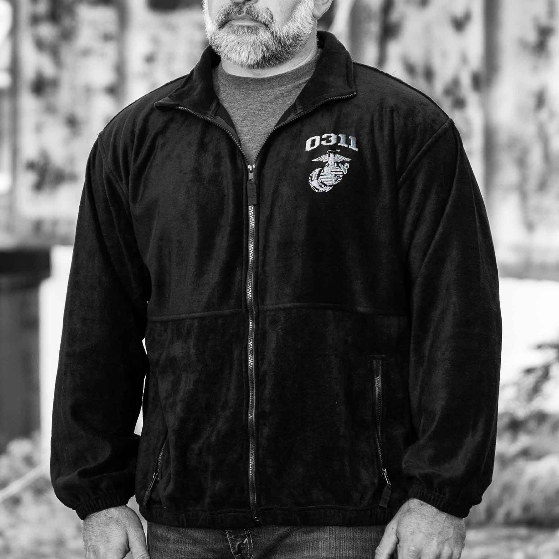 Marine Corps MOS Embroidered Fleece Full Zip - Black with Gray - Image 3