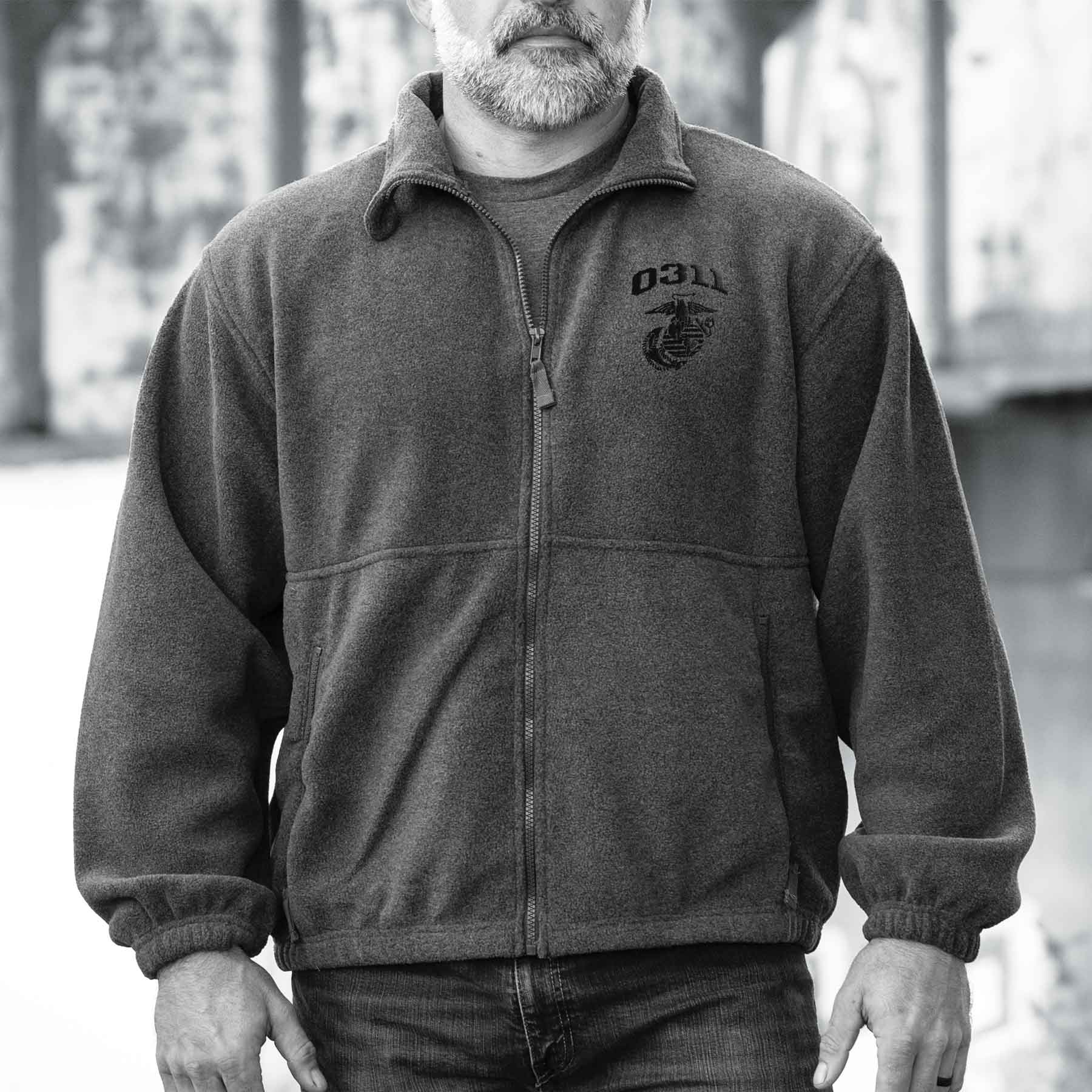 Marine Corps MOS Embroidered Fleece Full Zip - Gray with Black - Image 3