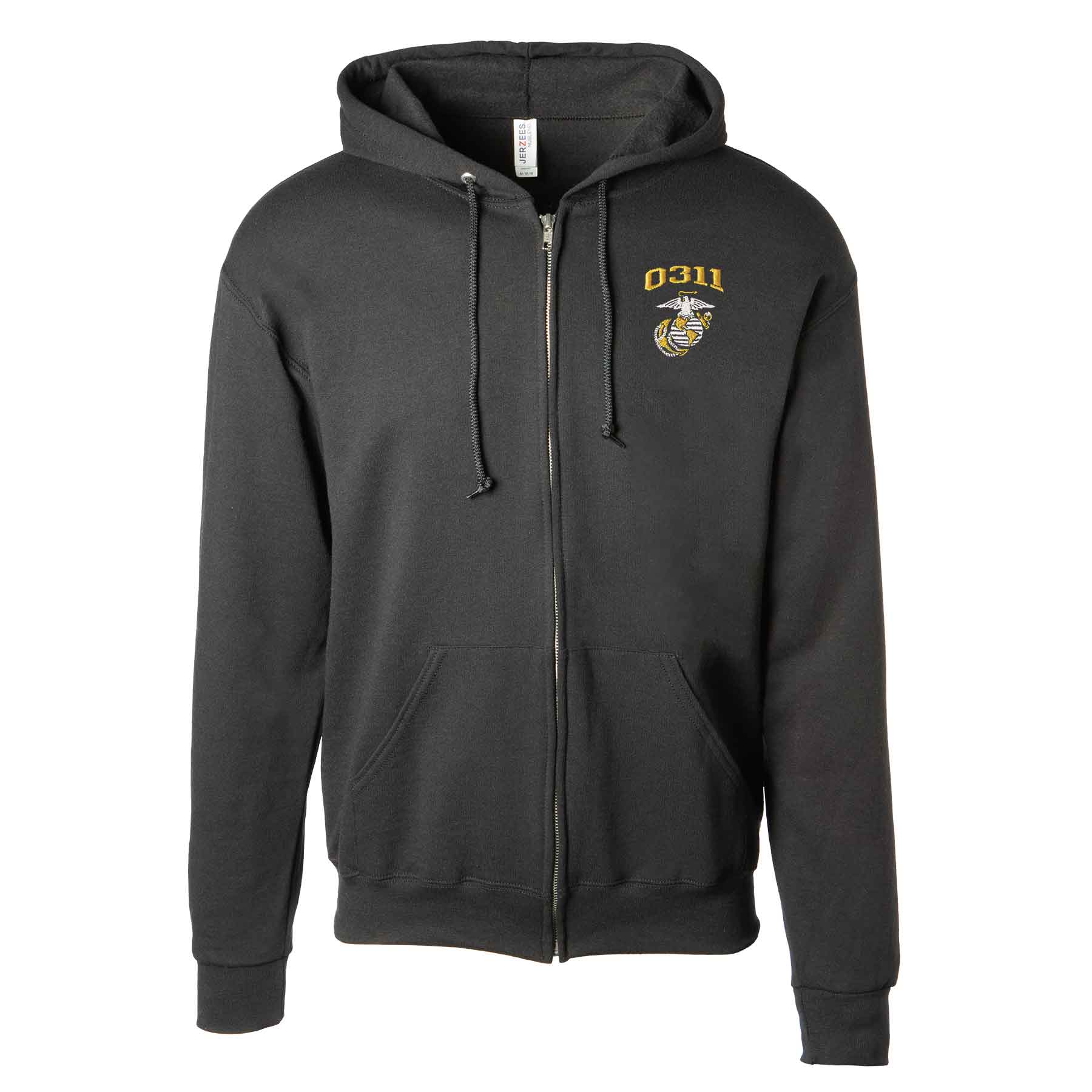 USMC Personalized MOS Embroidered Full Zip Hoodie - Black