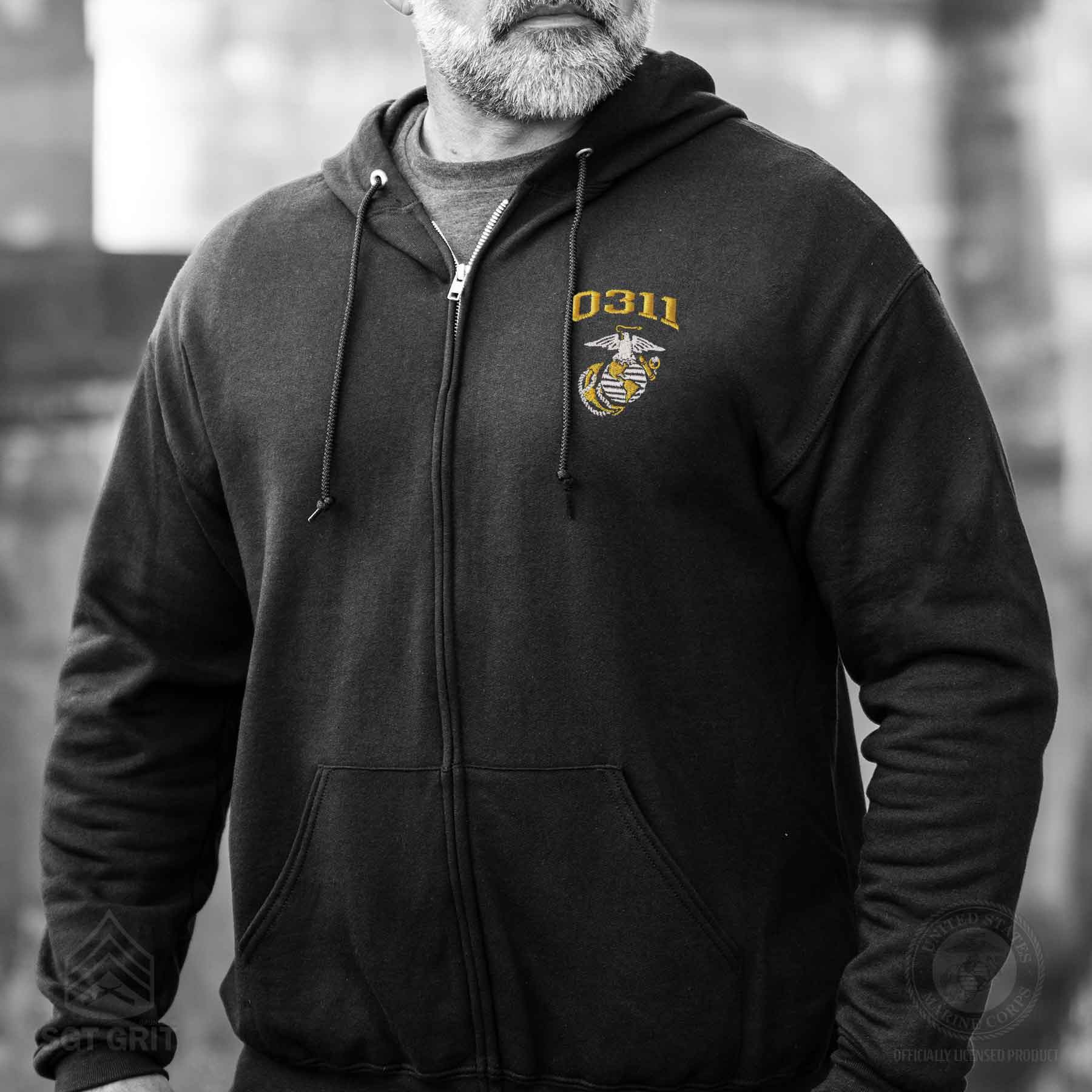 USMC Personalized MOS Embroidered Full Zip Hoodie - Black - Image 2