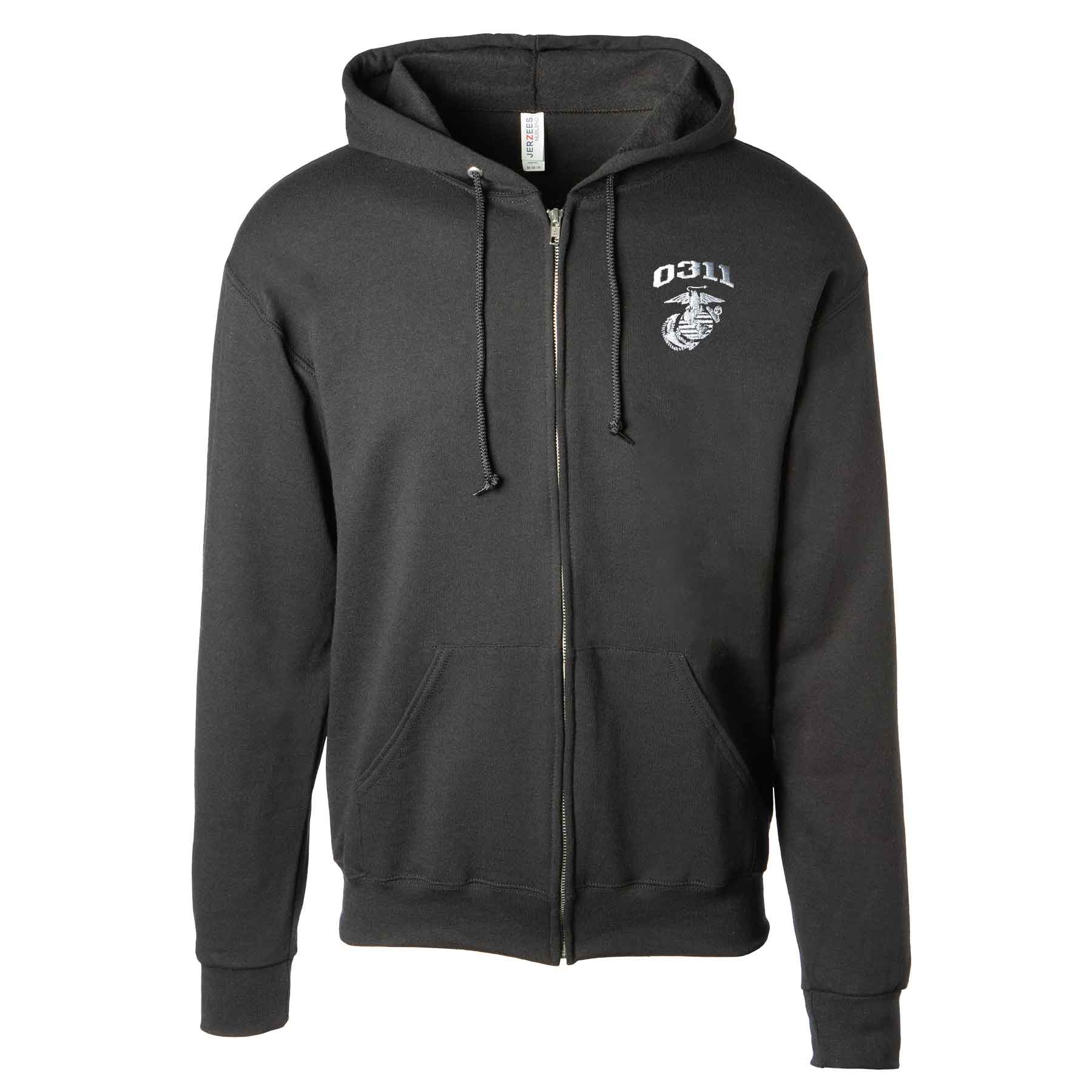 USMC Personalized MOS Embroidered Full Zip Hoodie - Black with Gray