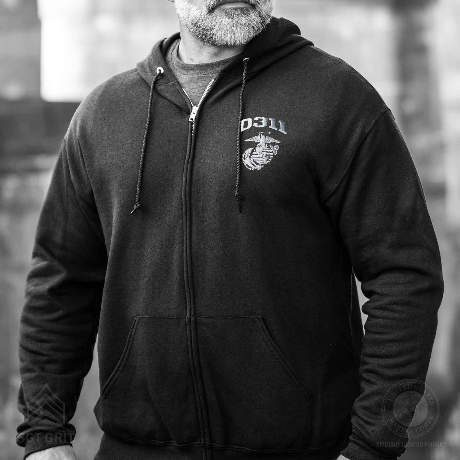 USMC Personalized MOS Embroidered Full Zip Hoodie - Black with Gray - Image 2