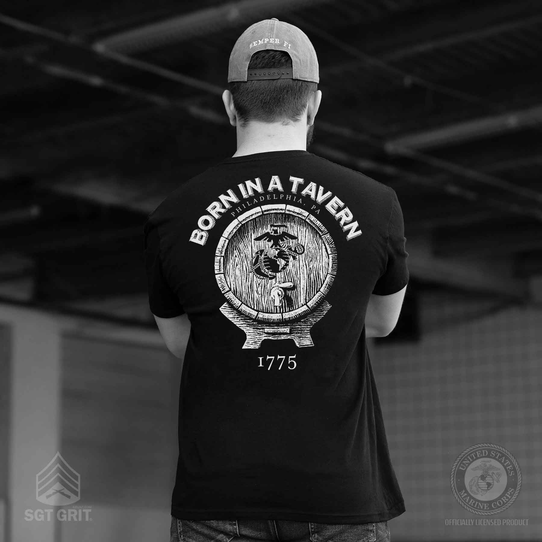 Born In A Tavern Back With Front Pocket T-Shirt - Image 7