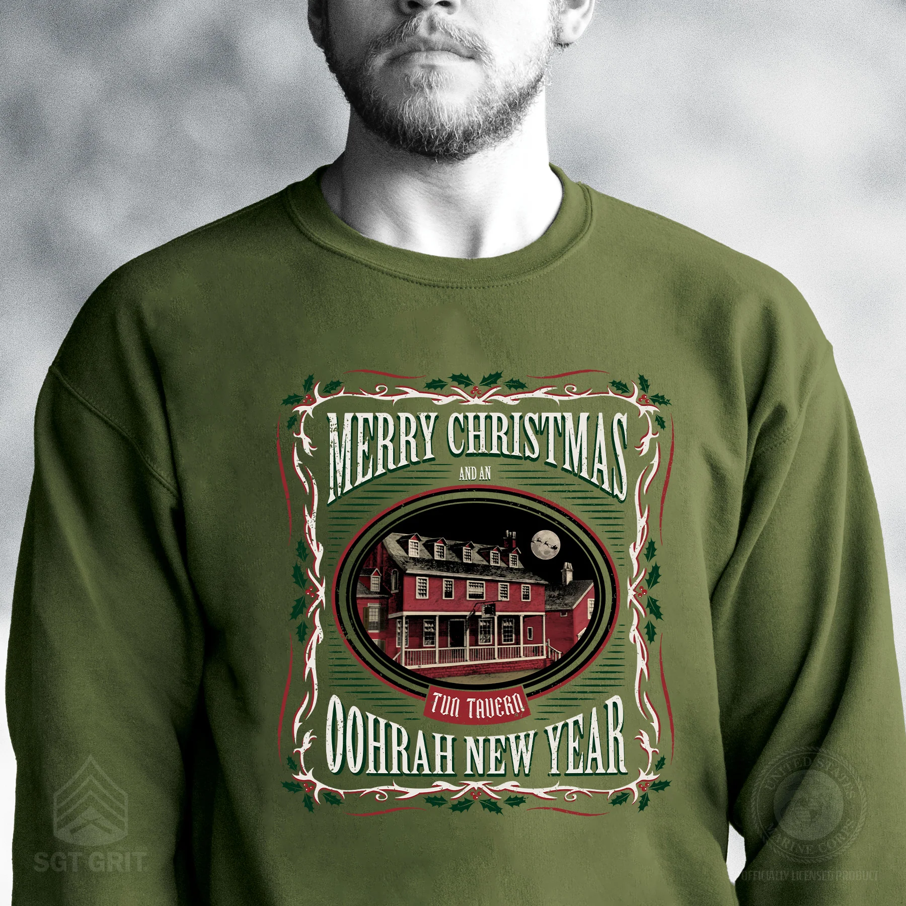 USMC Tun Tavern Christmas Sweatshirt- OD Green - Image 2