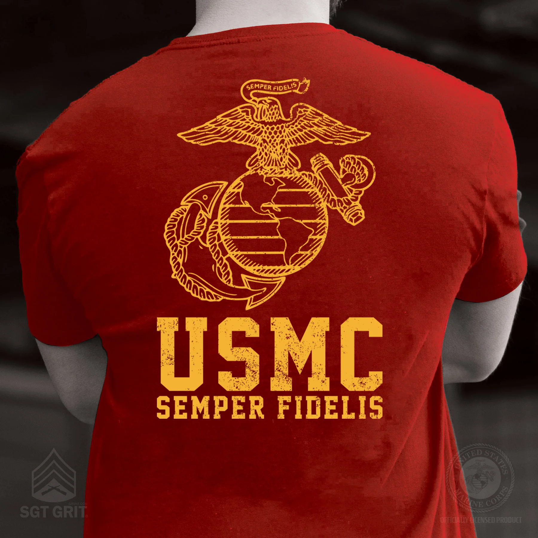 USMC Semper Fidelis T-shirt Gold on Red- Back Design - Image 3
