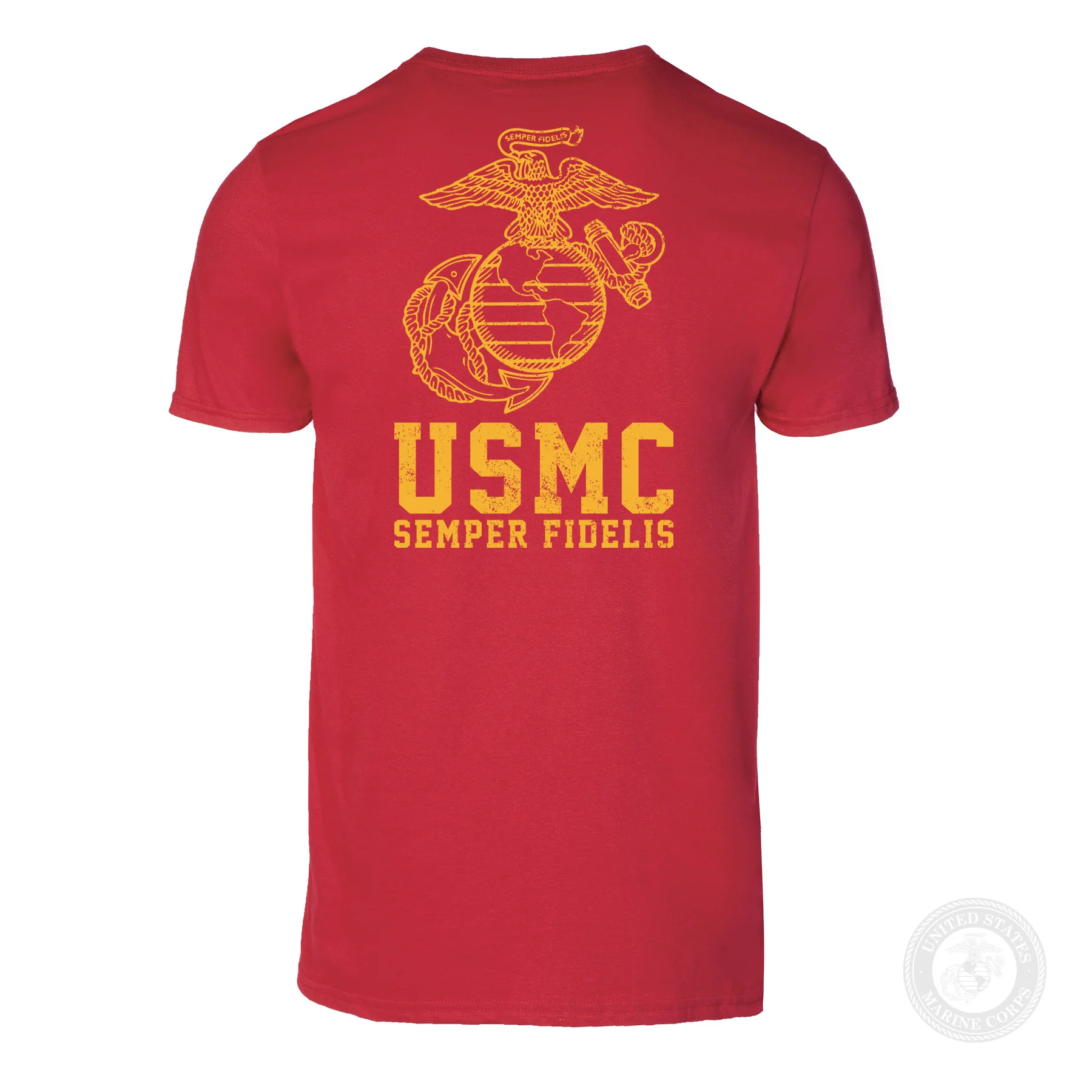 USMC Semper Fidelis T-shirt Gold on Red- Back Design - Image 7