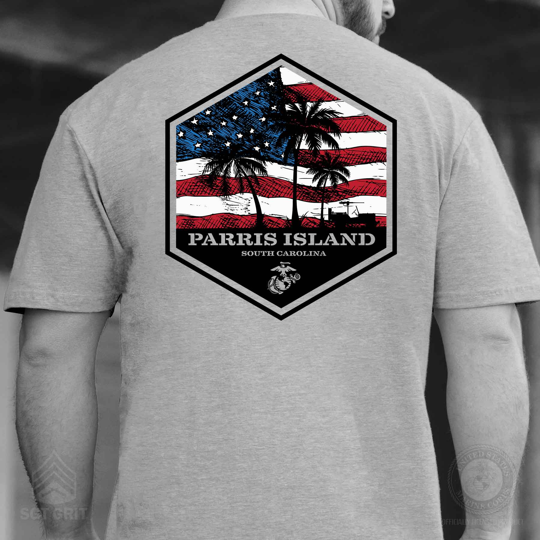 USMC Bootcamp Hexagon Back Design T-Shirt – Grey - Image 4
