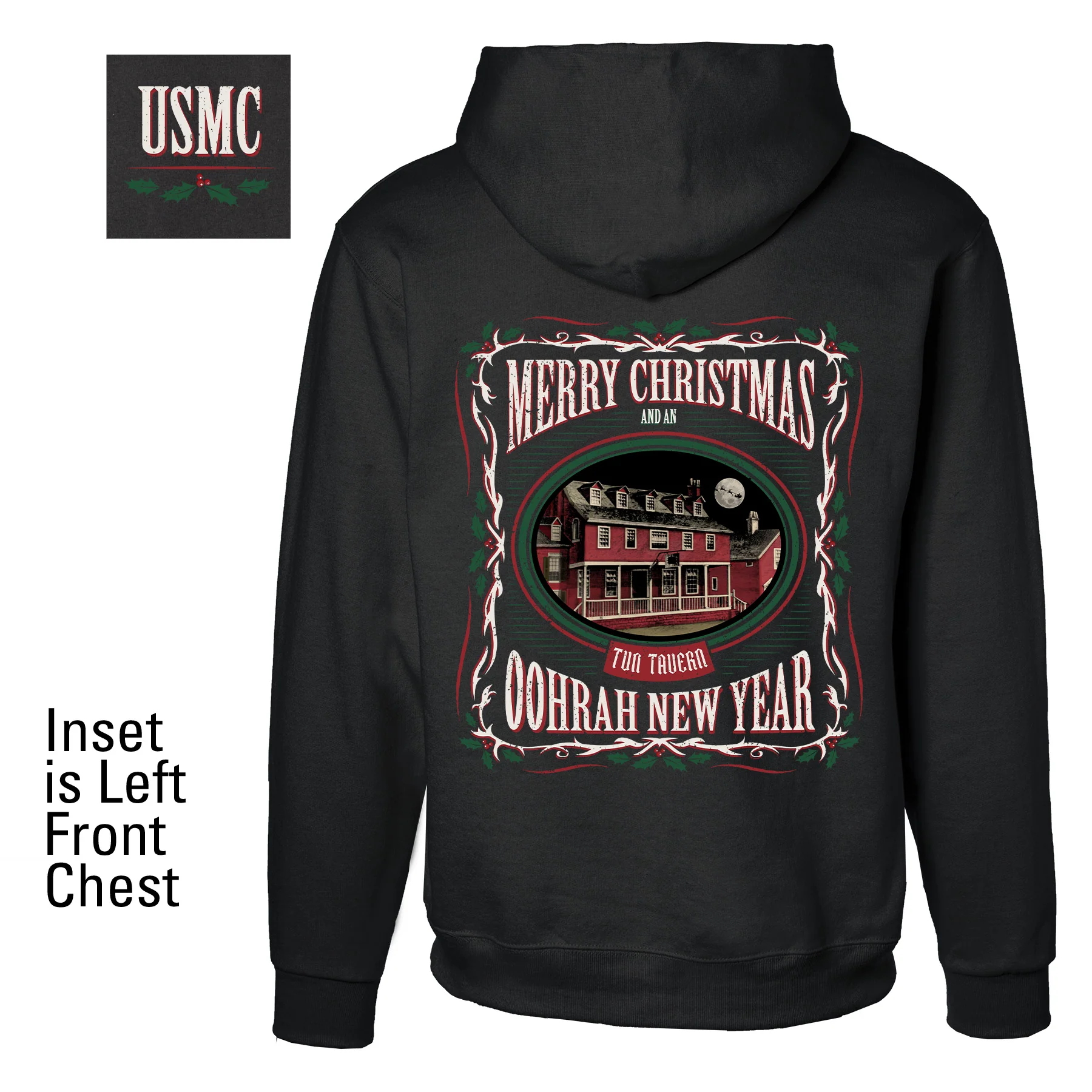 USMC Tun Tavern Christmas Hoodie Back Design- Black