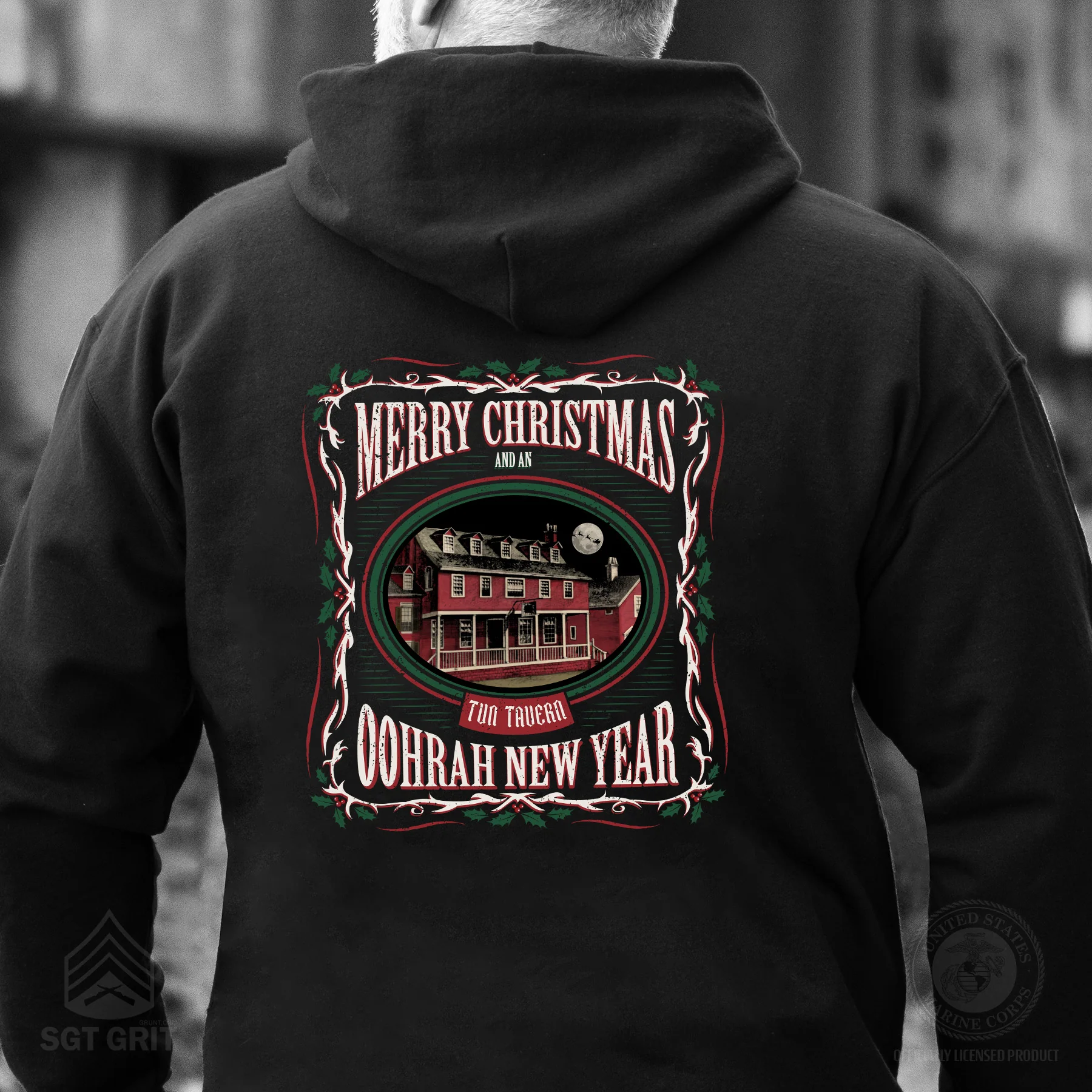 USMC Tun Tavern Christmas Hoodie Back Design- Black - Image 2
