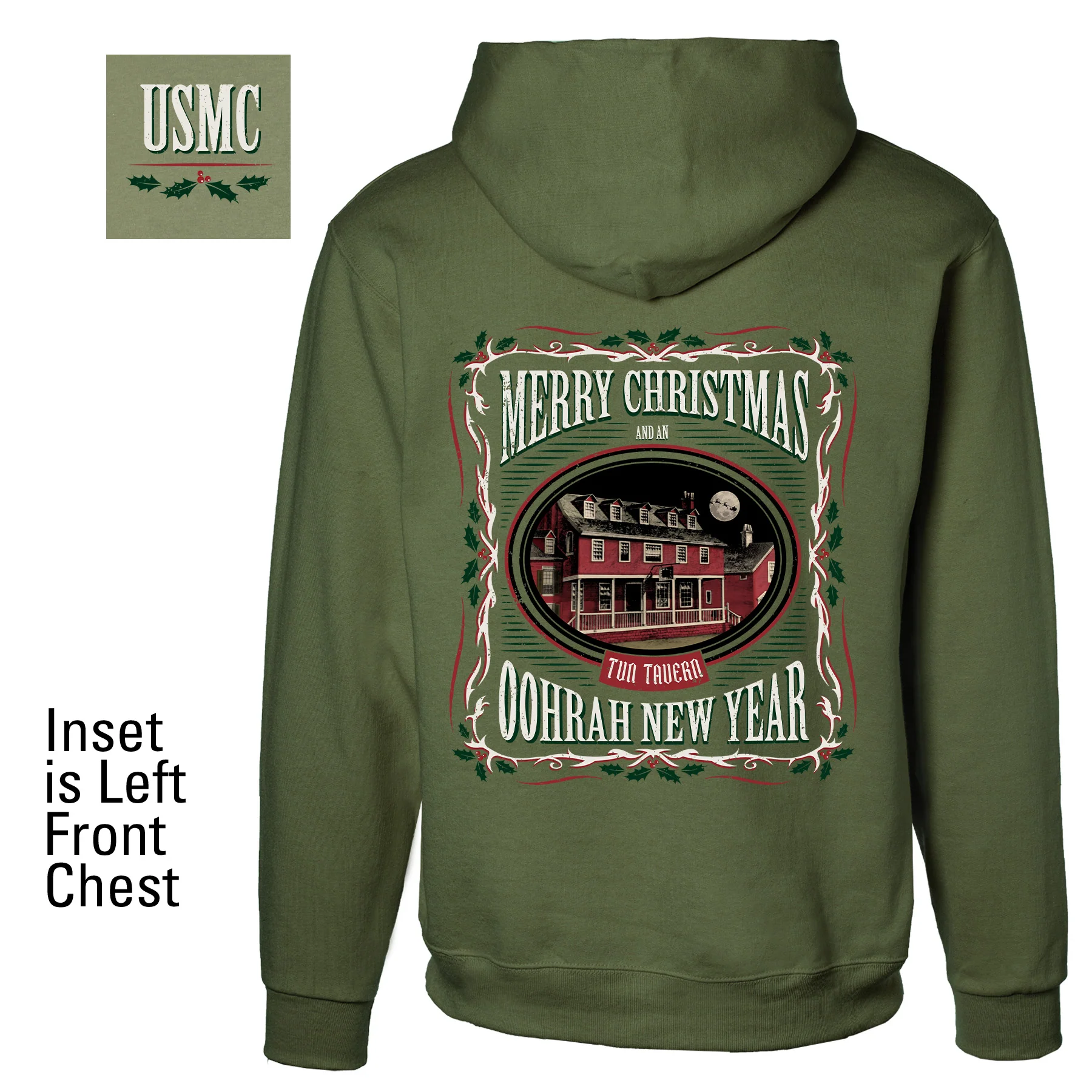 USMC Tun Tavern Christmas Hoodie Back Design- OD Green