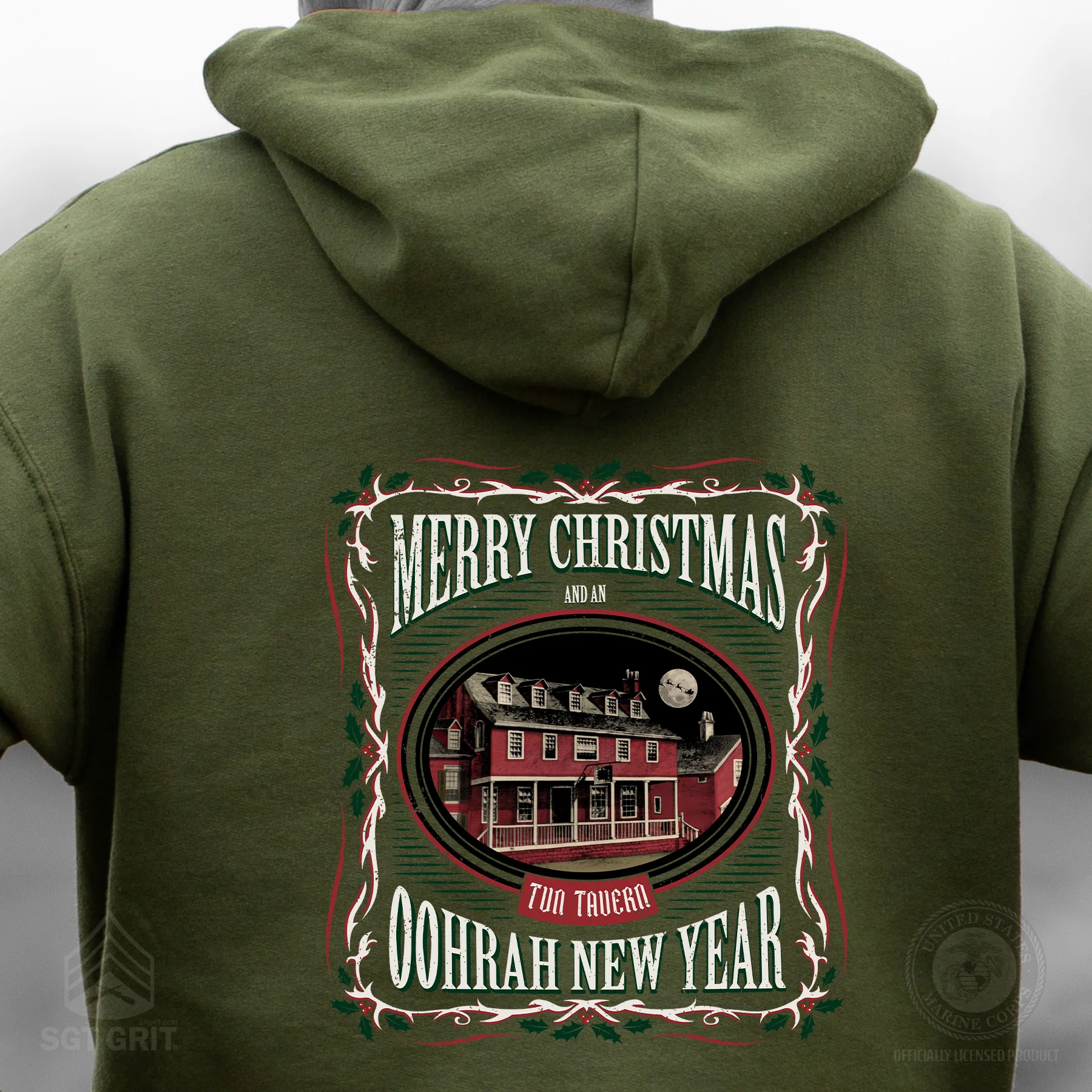 USMC Tun Tavern Christmas Hoodie Back Design- OD Green - Image 2