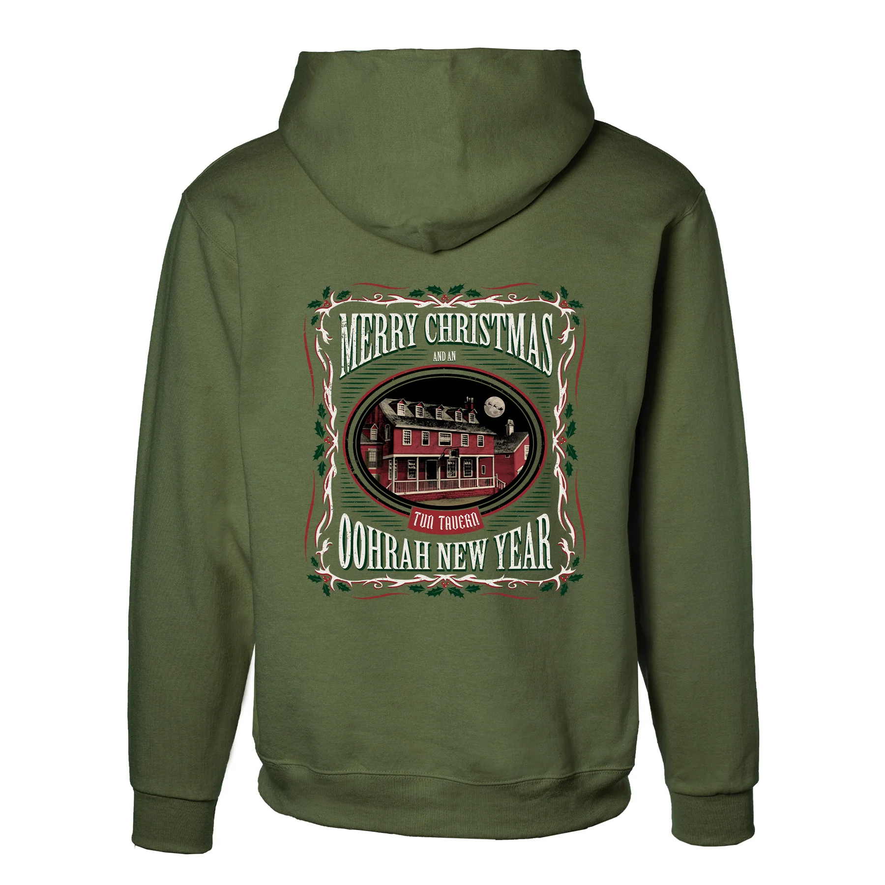 USMC Tun Tavern Christmas Hoodie Back Design- OD Green - Image 3