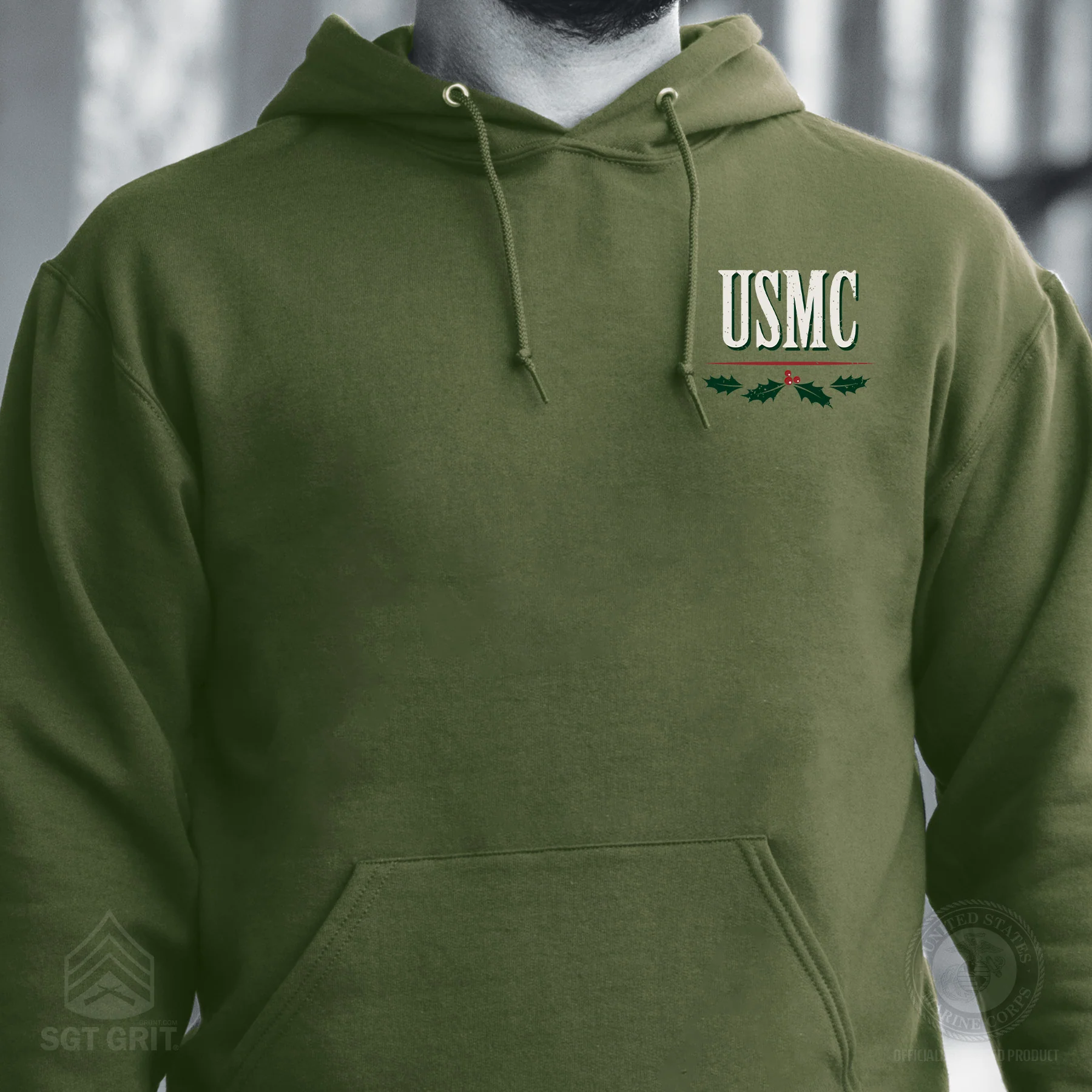 USMC Tun Tavern Christmas Hoodie Back Design- OD Green - Image 4