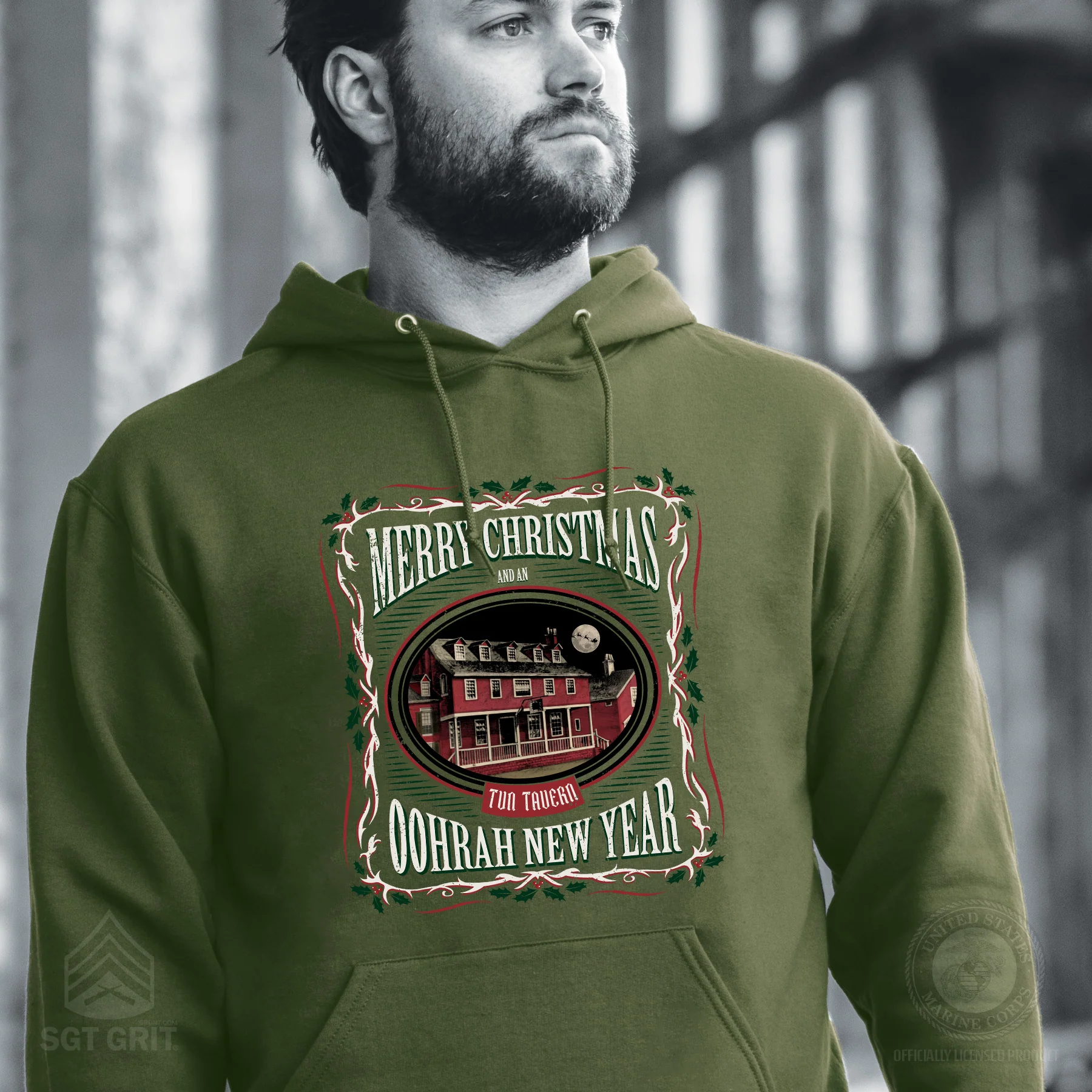 USMC Tun Tavern Christmas Hoodie- OD Green - Image 2