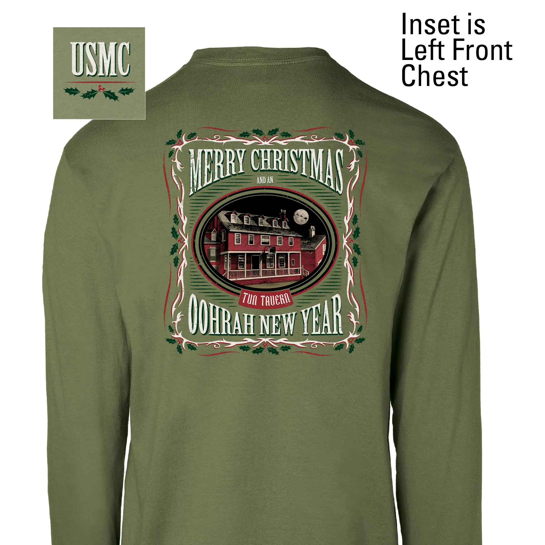 USMC Tun Tavern Christmas Long Sleeve T-Shirt Back Design- OD Green