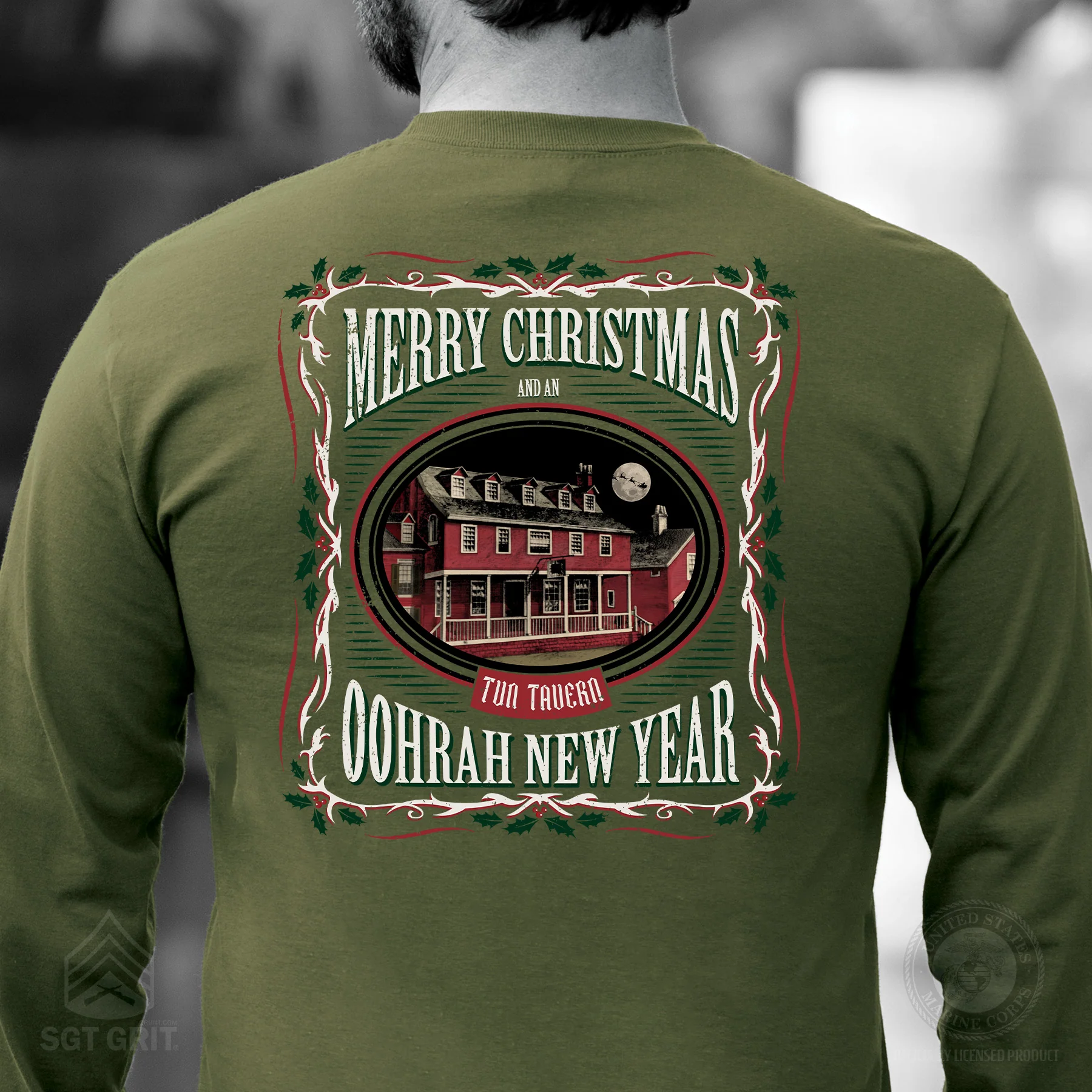 USMC Tun Tavern Christmas Long Sleeve T-Shirt Back Design- OD Green - Image 2