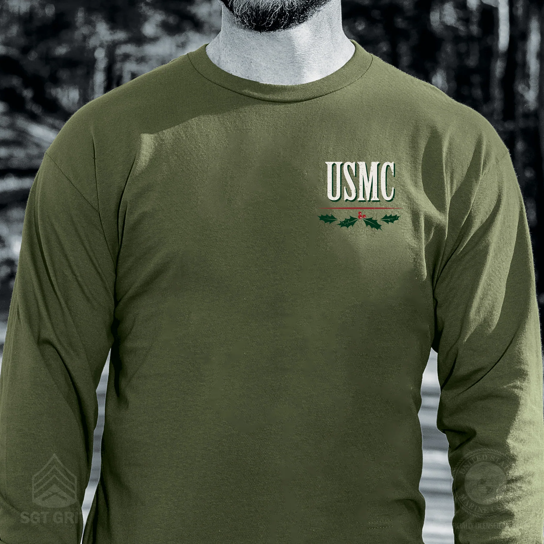 USMC Tun Tavern Christmas Long Sleeve T-Shirt Back Design- OD Green - Image 3