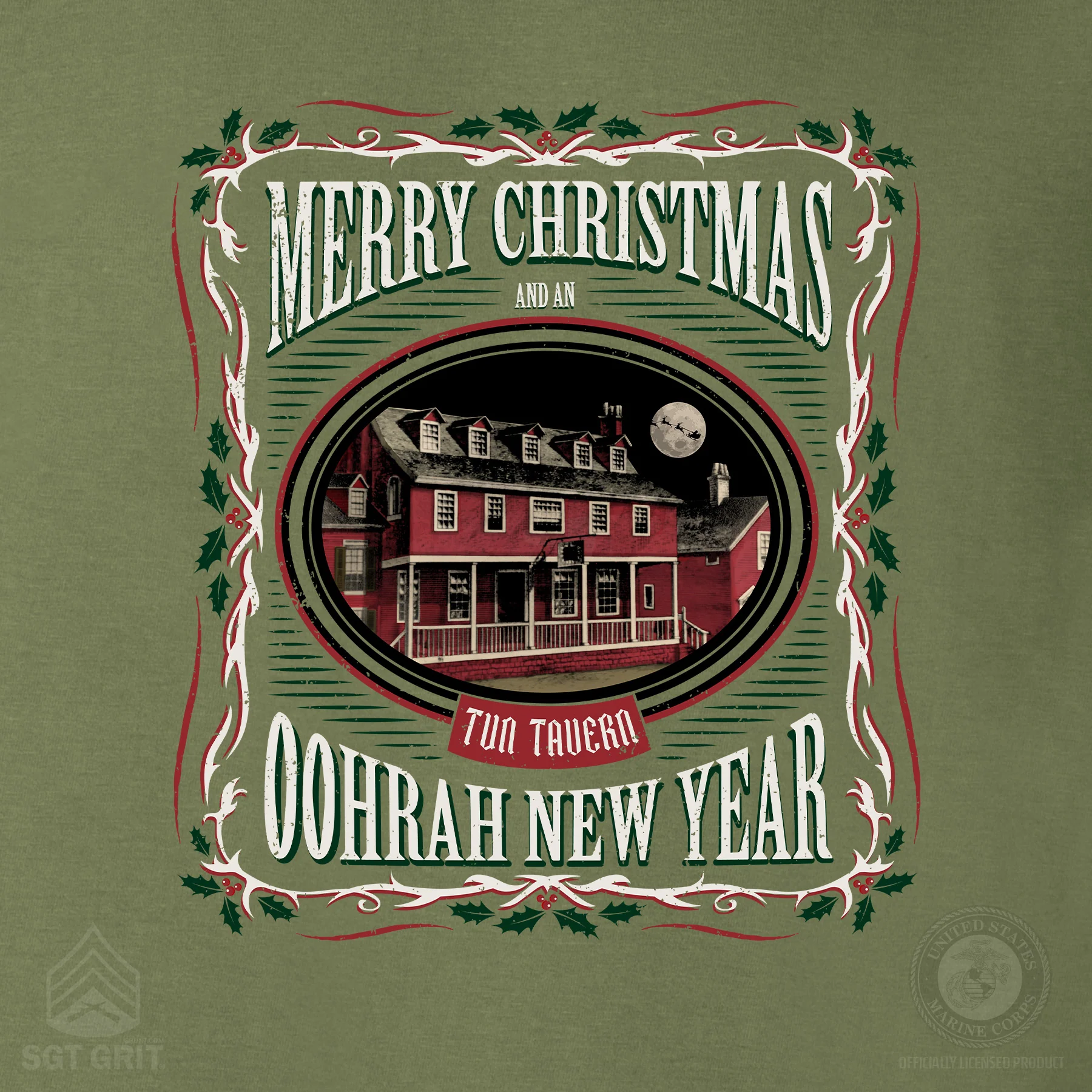 USMC Tun Tavern Christmas Long Sleeve T-Shirt Back Design- OD Green - Image 4