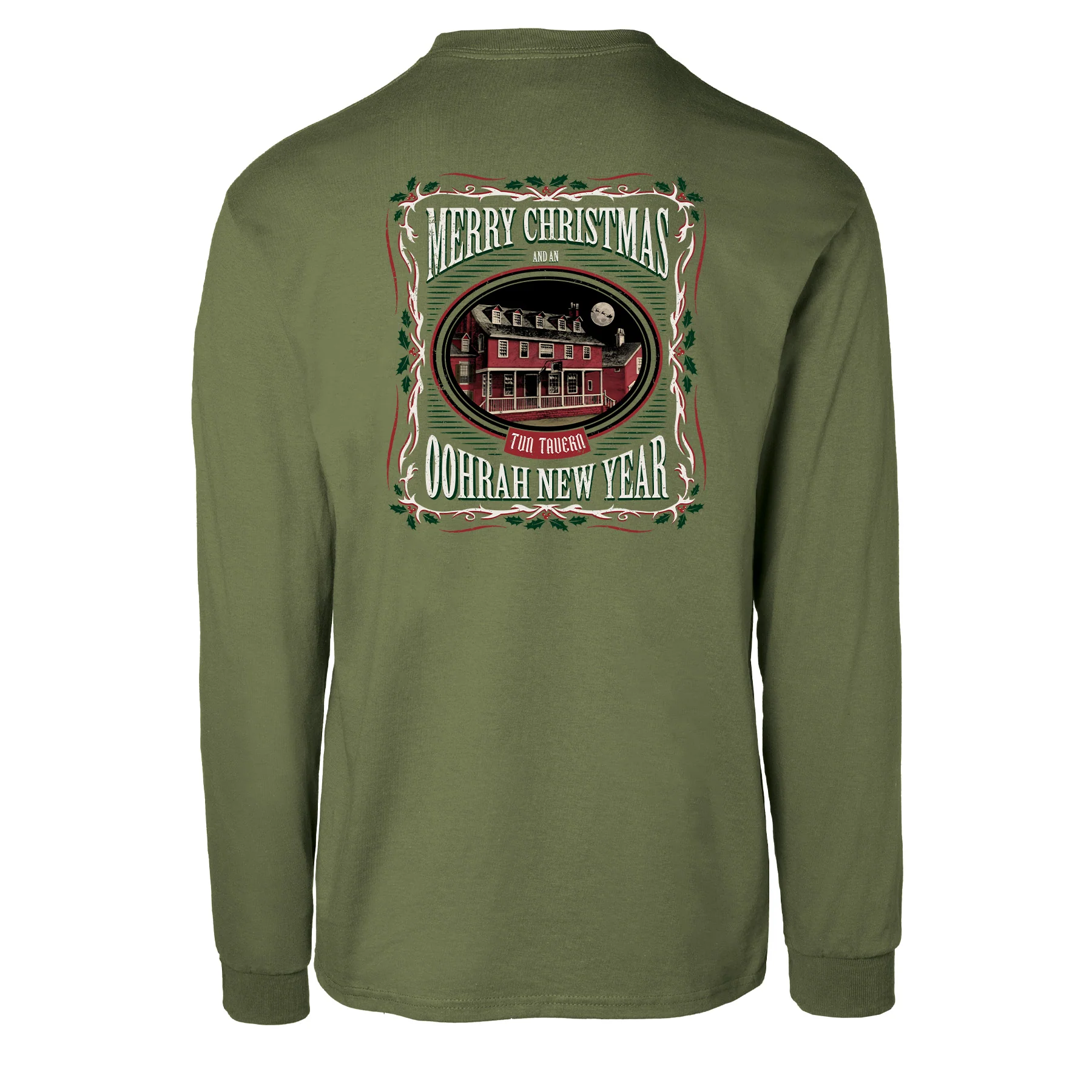 USMC Tun Tavern Christmas Long Sleeve T-Shirt Back Design- OD Green - Image 7