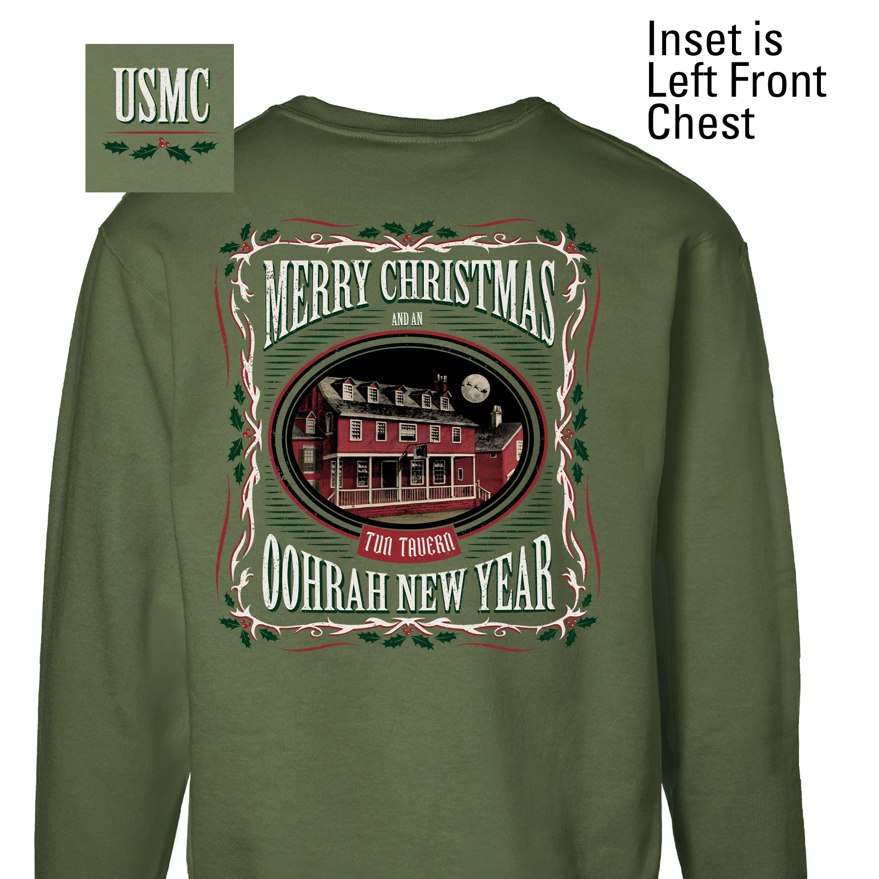 USMC Tun Tavern Christmas Sweatshirt Back Design- OD Green