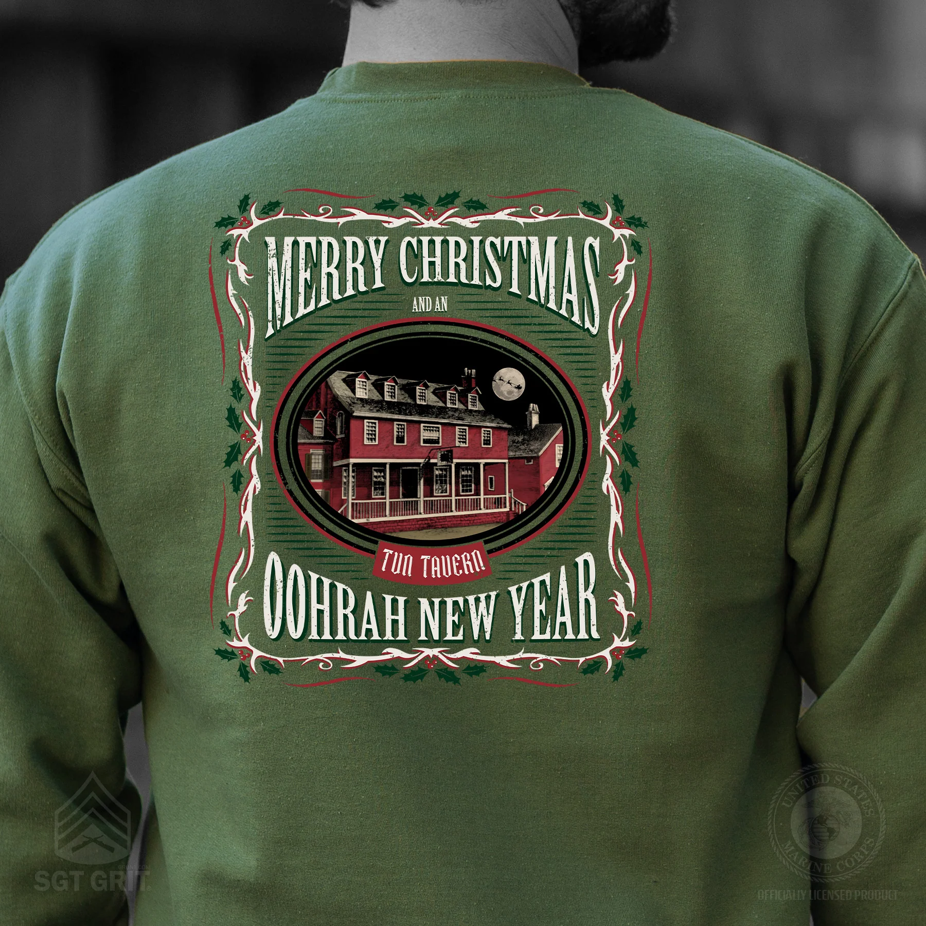 USMC Tun Tavern Christmas Sweatshirt Back Design- OD Green - Image 2