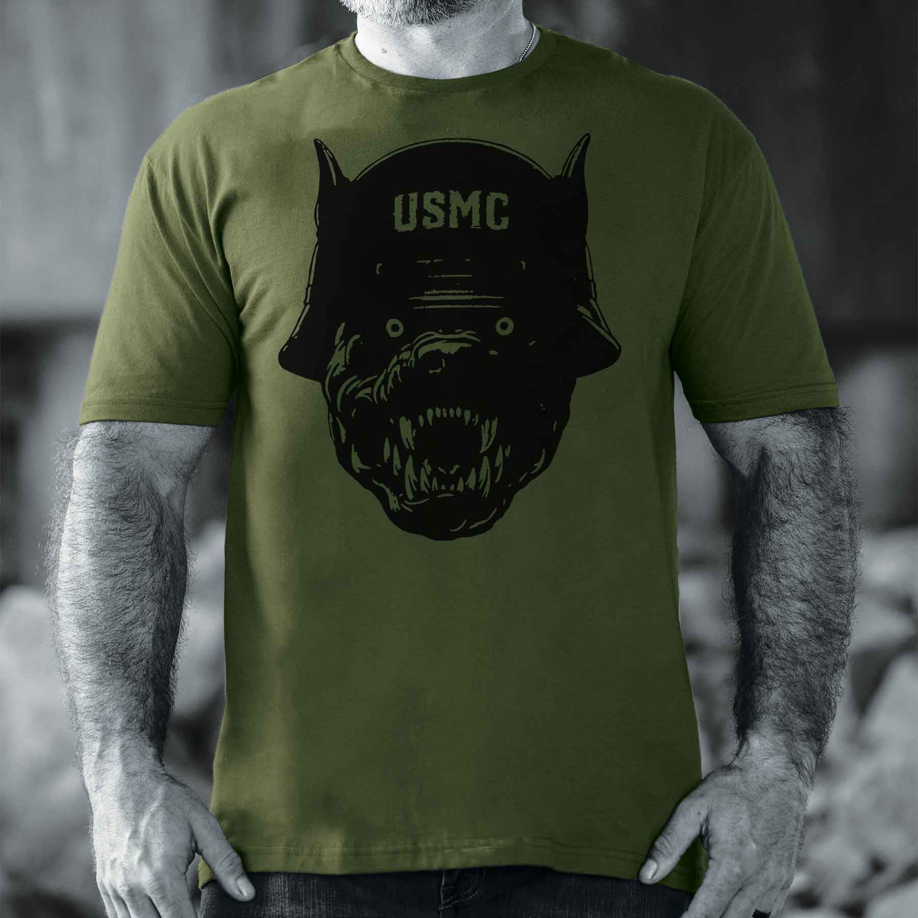 USMC Devil Dog Helmet T-shirt - OD Green - Image 2