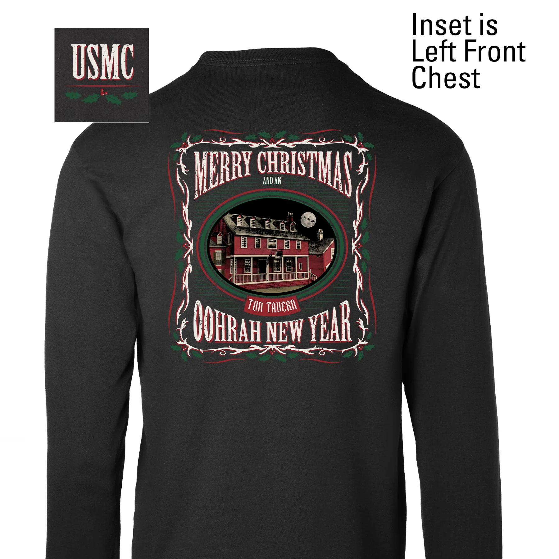 USMC Tun Tavern Christmas Long Sleeve T-Shirt Back Design- Black