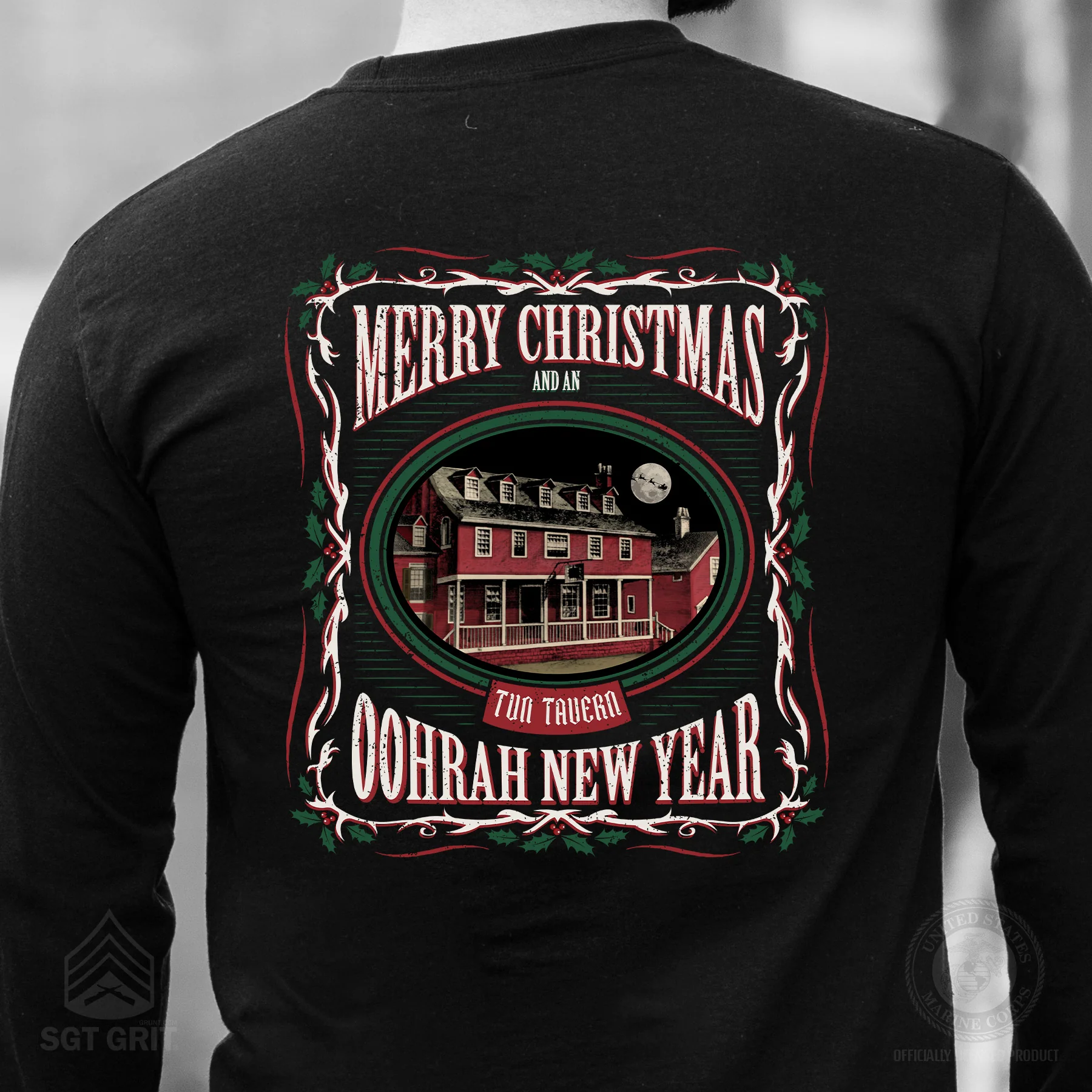 USMC Tun Tavern Christmas Long Sleeve T-Shirt Back Design- Black - Image 2