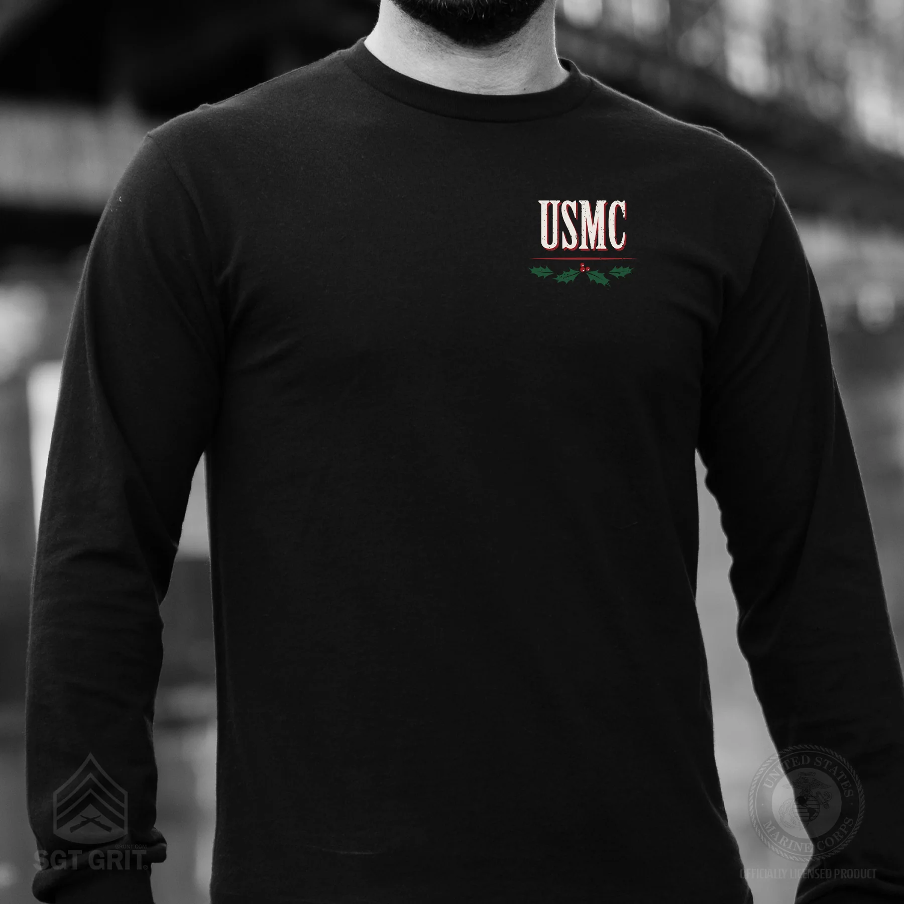 USMC Tun Tavern Christmas Long Sleeve T-Shirt Back Design- Black - Image 7