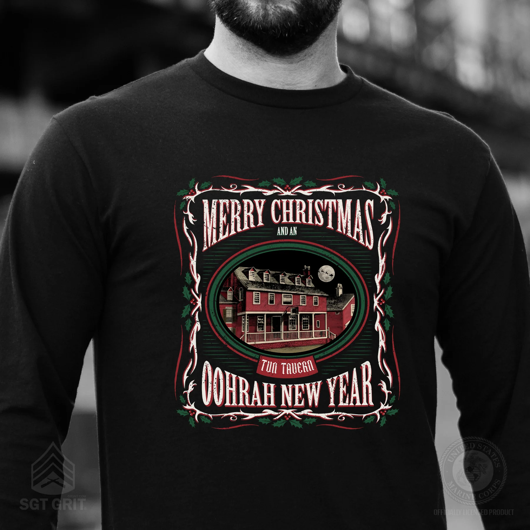 USMC Tun Tavern Christmas Long Sleeve T-Shirt- Black - Image 2