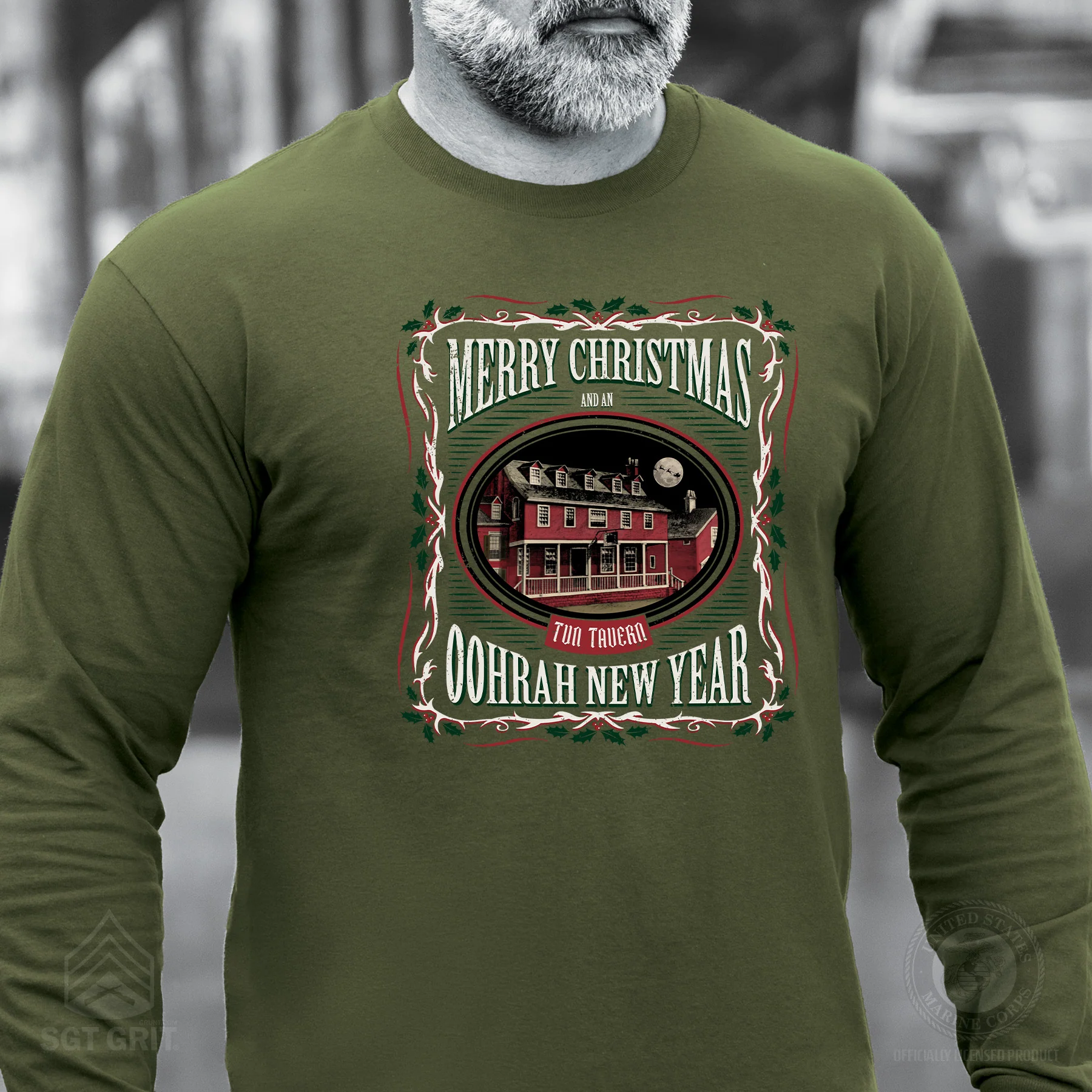 USMC Tun Tavern Christmas Long Sleeve T-Shirt- OD Green - Image 2