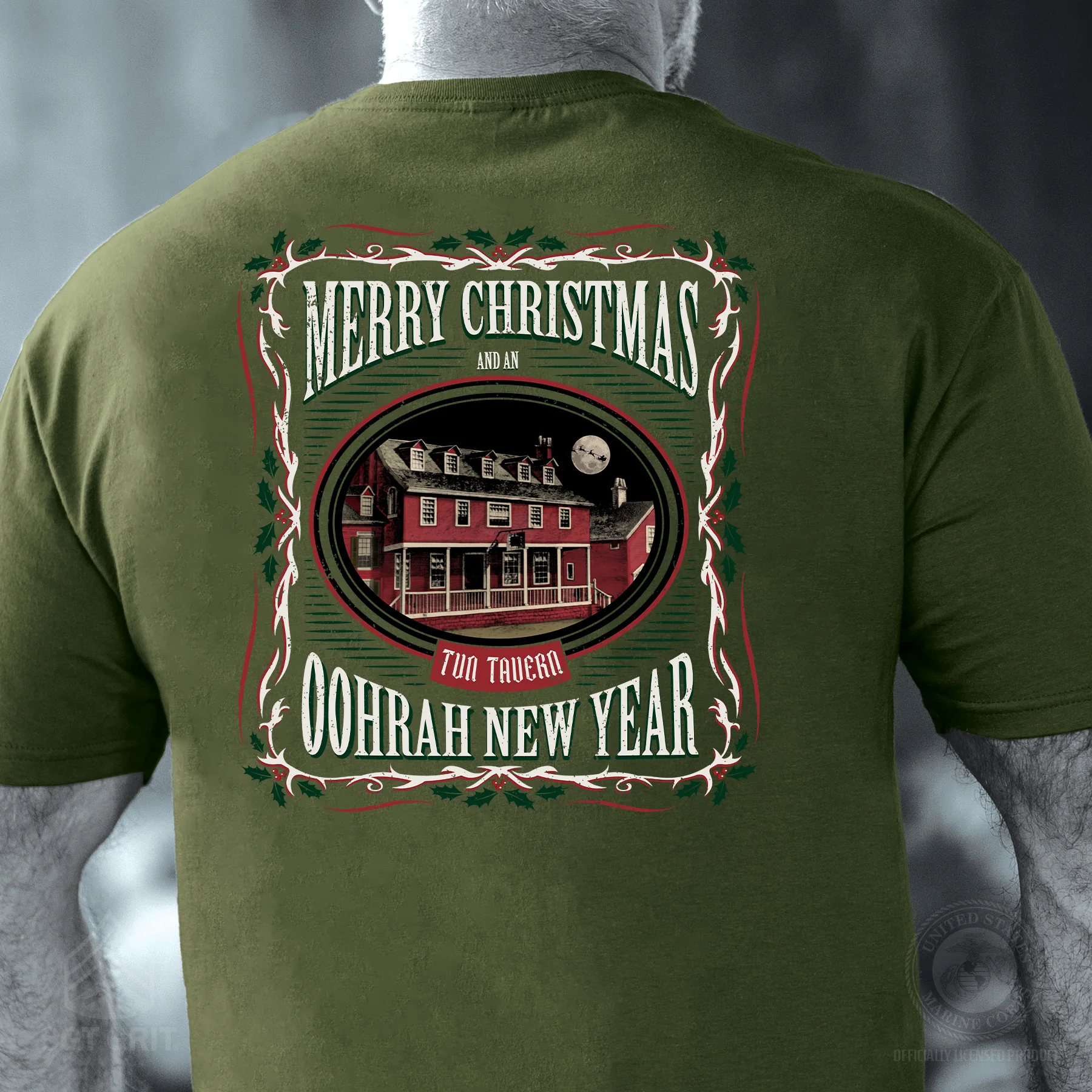 USMC Tun Tavern Christmas T-Shirt Back Design- OD Green (Copy) - Image 2