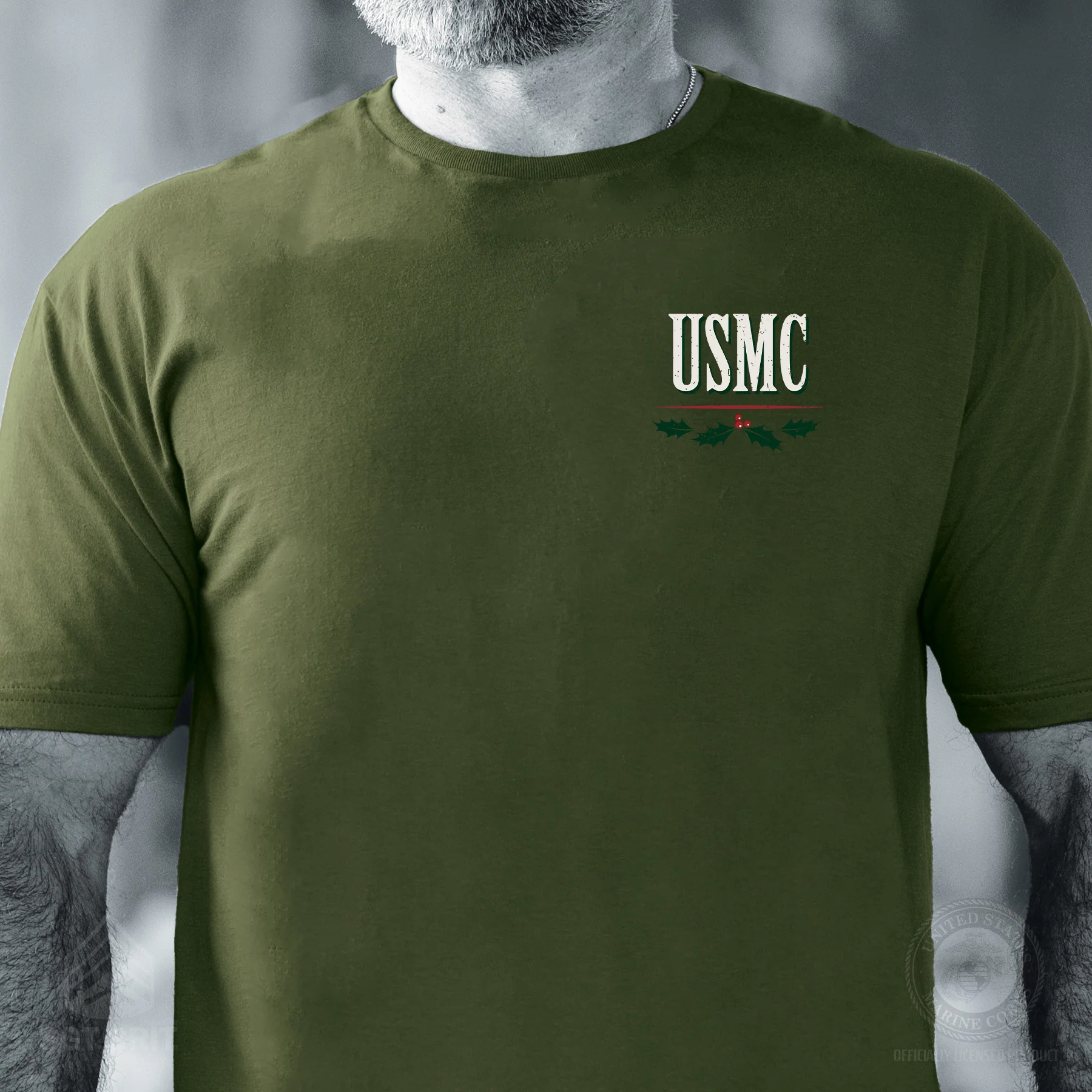 USMC Tun Tavern Christmas T-Shirt Back Design- OD Green (Copy) - Image 3