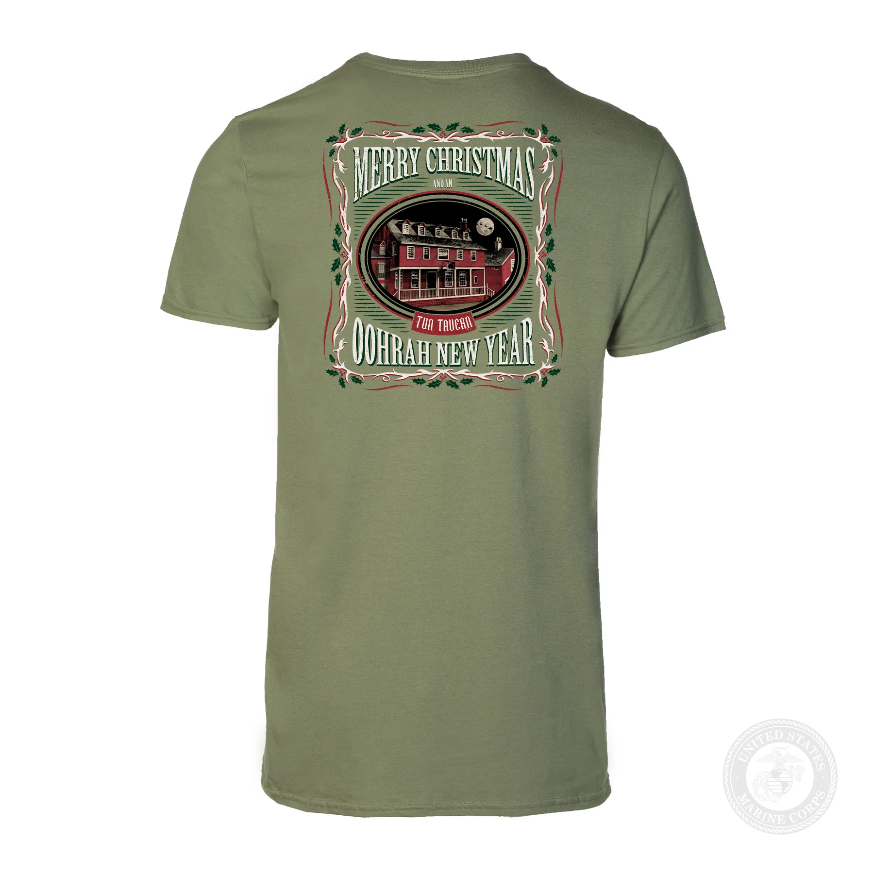 USMC Tun Tavern Christmas T-Shirt Back Design- OD Green (Copy) - Image 5