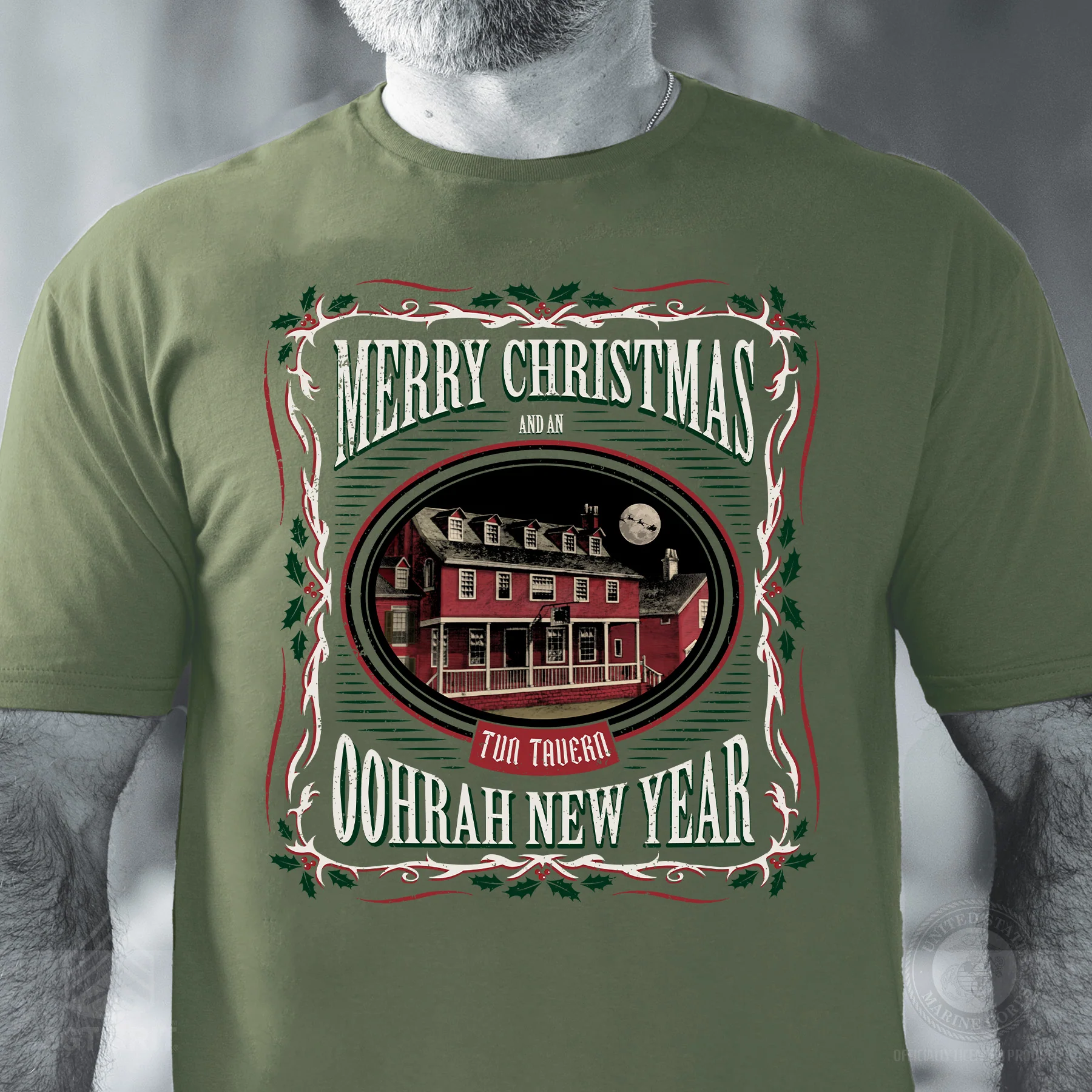 USMC Tun Tavern Christmas T-Shirt- OD Green - Image 2
