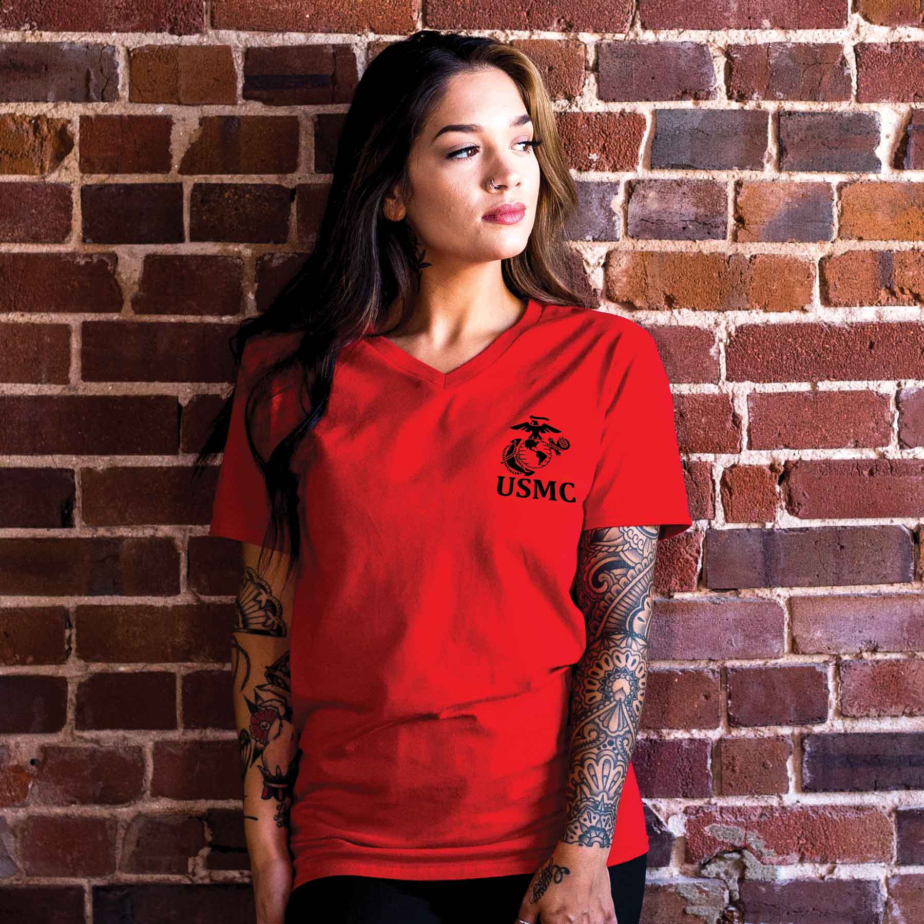 Women's V-Neck Left Chest USMC Eagle, Globe and Anchor T-shirt - Image 11