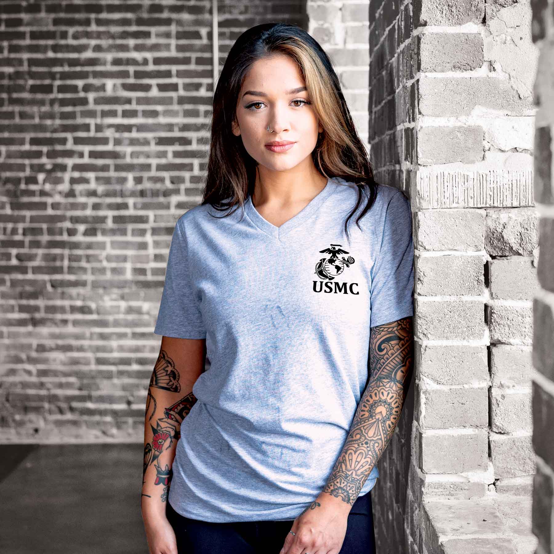 Women's V-Neck Left Chest USMC Eagle, Globe and Anchor T-shirt - Image 13